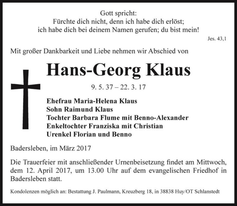  Traueranzeige für Hans-Georg Klaus  vom 01.04.2017 aus Magdeburger Volksstimme