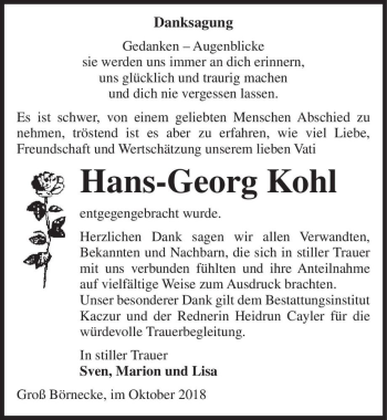 Traueranzeige von Hans-Georg Kohl  von Magdeburger Volksstimme
