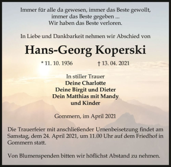 Traueranzeige von Hans-Georg Koperski  von Magdeburger Volksstimme
