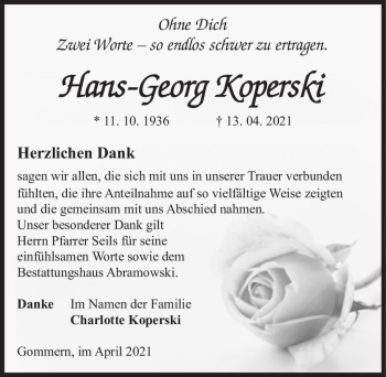 Traueranzeige von Hans-Georg Koperski  von Magdeburger Volksstimme