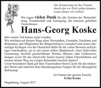 Traueranzeige von Hans-Georg Koske  von Magdeburger Volksstimme