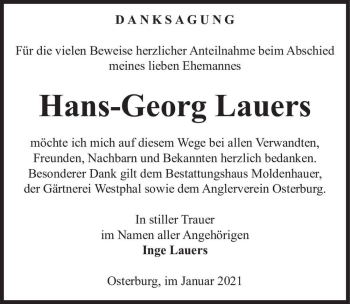 Traueranzeige von Hans-Georg Lauers  von Magdeburger Volksstimme