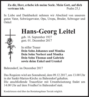Traueranzeige von Hans-Georg Leitel  von Magdeburger Volksstimme