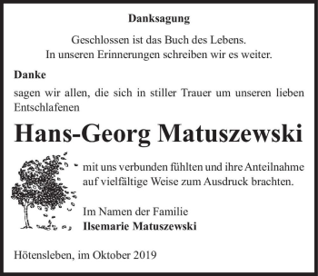 Traueranzeige von Hans-Georg Matuszewski  von Magdeburger Volksstimme