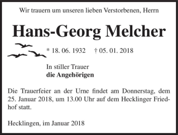 Traueranzeige von Hans-Georg Melcher  von Magdeburger Volksstimme