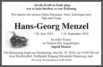 Traueranzeige von Hans-Georg Menzel  von Magdeburger Volksstimme