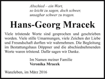 Traueranzeige von Hans-Georg Mracek  von Magdeburger Volksstimme