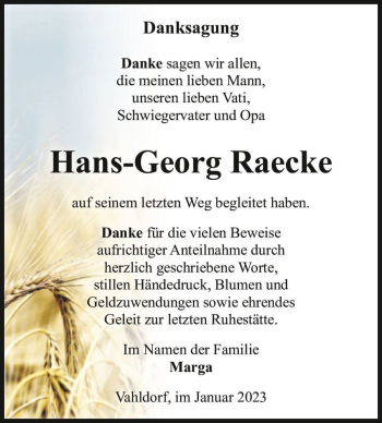 Traueranzeige von Hans-Georg Raecke  von Magdeburger Volksstimme
