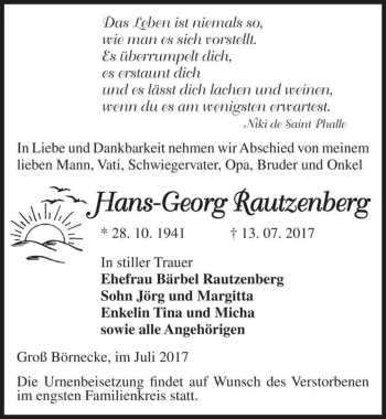 Traueranzeige von Hans-Georg Rautzenberg  von Magdeburger Volksstimme