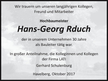 Traueranzeige von Hans-Georg Rduch  von Magdeburger Volksstimme