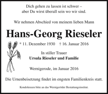 Traueranzeige von Hans-Georg Rieseler  von Magdeburger Volksstimme