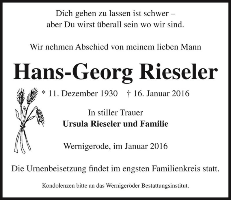  Traueranzeige für Hans-Georg Rieseler  vom 21.01.2016 aus Magdeburger Volksstimme