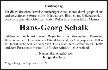 Traueranzeige von Hans-Georg Schalk  von Magdeburger Volksstimme