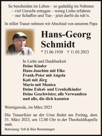 Traueranzeige von Hans-Georg Schmidt  von Magdeburger Volksstimme