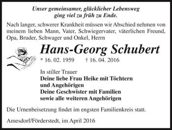 Traueranzeige von Hans-Georg Schubert  von Magdeburger Volksstimme