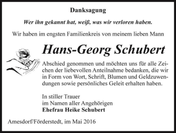 Traueranzeige von Hans-Georg Schubert  von Magdeburger Volksstimme