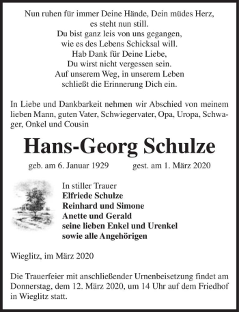 Traueranzeige von Hans-Georg Schulze  von Magdeburger Volksstimme