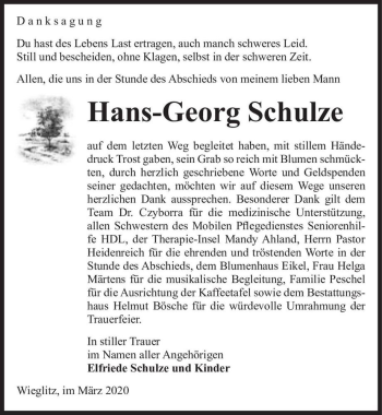 Traueranzeige von Hans-Georg Schulze  von Magdeburger Volksstimme
