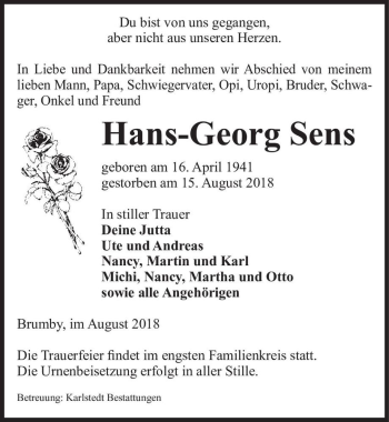 Traueranzeige von Hans-Georg Sens  von Magdeburger Volksstimme