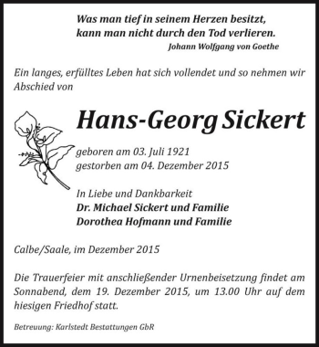 Traueranzeige von Hans-Georg Sickert  von Magdeburger Volksstimme