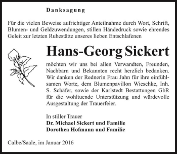 Traueranzeige von Hans-Georg Sickert  von Magdeburger Volksstimme