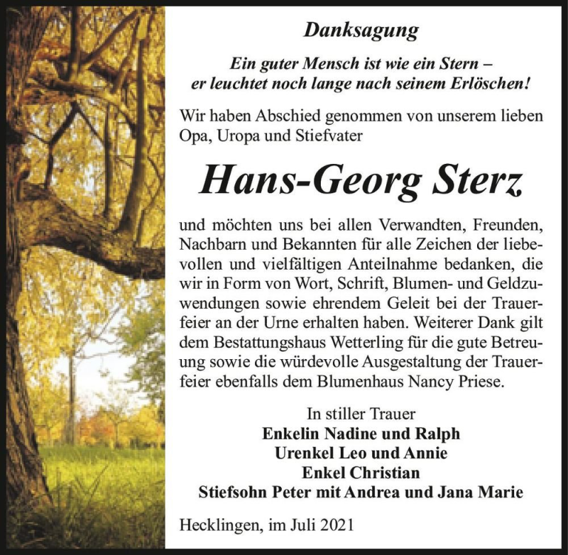  Traueranzeige für Hans-Georg Sterz  vom 17.07.2021 aus Magdeburger Volksstimme