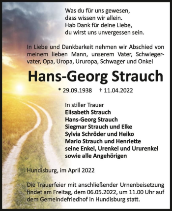 Traueranzeige von Hans-Georg Strauch  von Magdeburger Volksstimme
