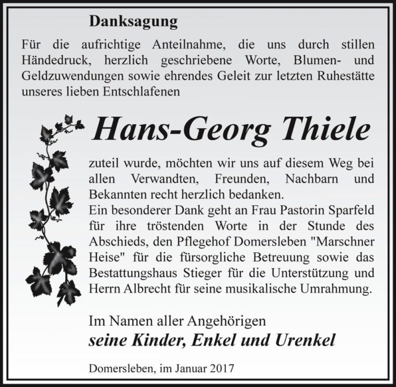  Traueranzeige für Hans-Georg Thiele  vom 28.01.2017 aus Magdeburger Volksstimme