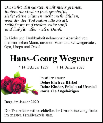 Traueranzeige von Hans-Georg Wegener  von Magdeburger Volksstimme