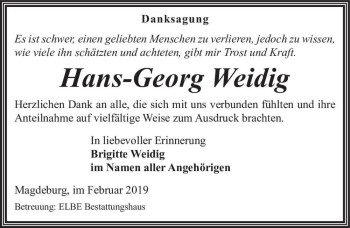 Traueranzeige von Hans-Georg Weidig  von Magdeburger Volksstimme