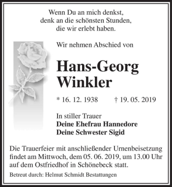 Traueranzeige von Hans-Georg Winkler  von Magdeburger Volksstimme