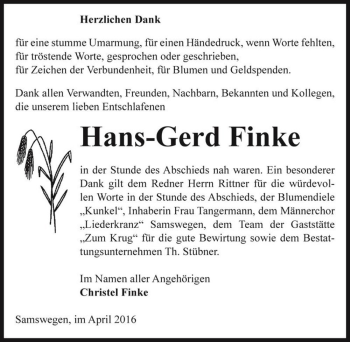 Traueranzeige von Hans-Gerd Finke  von Magdeburger Volksstimme