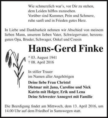 Traueranzeige von Hans-Gerd Finke  von Magdeburger Volksstimme