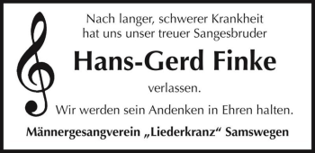 Traueranzeige von Hans-Gerd Finke  von Magdeburger Volksstimme
