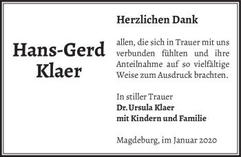 Traueranzeige von Hans-Gerd Klaer  von Magdeburger Volksstimme