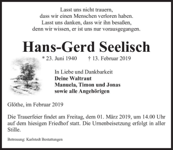 Traueranzeige von Hans-Gerd Seelisch  von Magdeburger Volksstimme