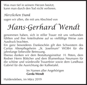Traueranzeige von Hans-Gerhard Wendt  von Magdeburger Volksstimme