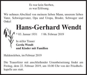 Traueranzeige von Hans-Gerhard Wendt  von Magdeburger Volksstimme