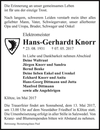 Traueranzeige von Hans-Gerhardt Knorr  von Magdeburger Volksstimme