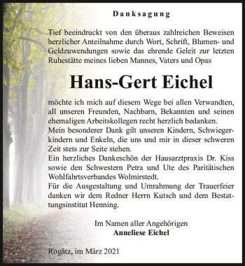 Traueranzeige von Hans-Gert Eichel  von Magdeburger Volksstimme