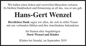 Traueranzeige von Hans-Gert Wenzel  von Magdeburger Volksstimme