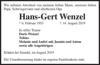 Traueranzeige von Hans-Gert Wenzel  von Magdeburger Volksstimme