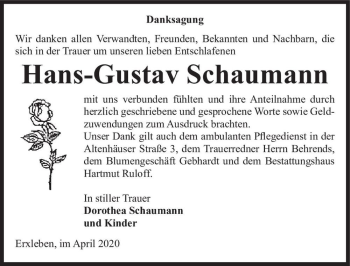 Traueranzeige von Hans-Gustav Schaumann  von Magdeburger Volksstimme