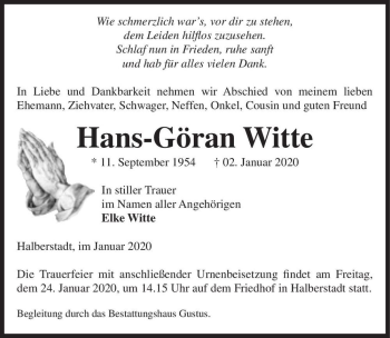 Traueranzeige von Hans-Göran Witte  von Magdeburger Volksstimme