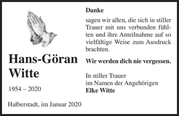 Traueranzeige von Hans-Göran Witte  von Magdeburger Volksstimme