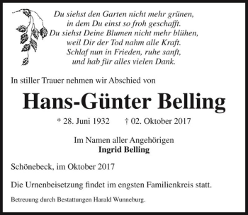 Traueranzeige von Hans-Günter Belling  von Magdeburger Volksstimme