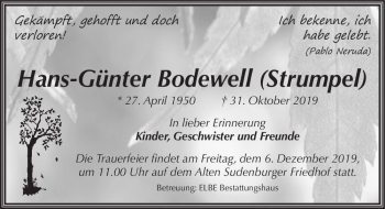 Traueranzeige von Hans-Günter Bodewell (Strumpel)  von Magdeburger Volksstimme