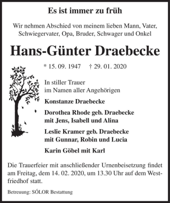Traueranzeige von Hans-Günter Draebecke  von Magdeburger Volksstimme
