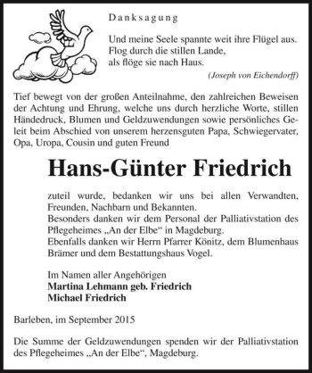 Traueranzeige von Hans-Günter Friedrich  von Magdeburger Volksstimme