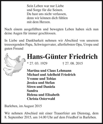 Traueranzeige von Hans-Günter Friedrich  von Magdeburger Volksstimme